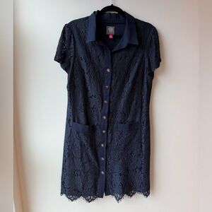 Vince Camuto Navy Lace Button-Down Shirt Dress